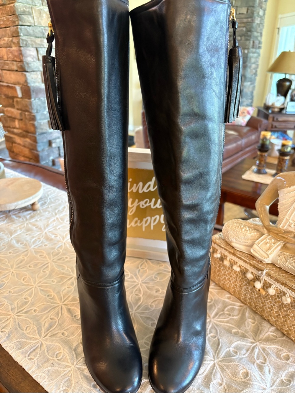 Coach Therese Black Leather Knee High Boots Tassel Zip Block Heel Size 7